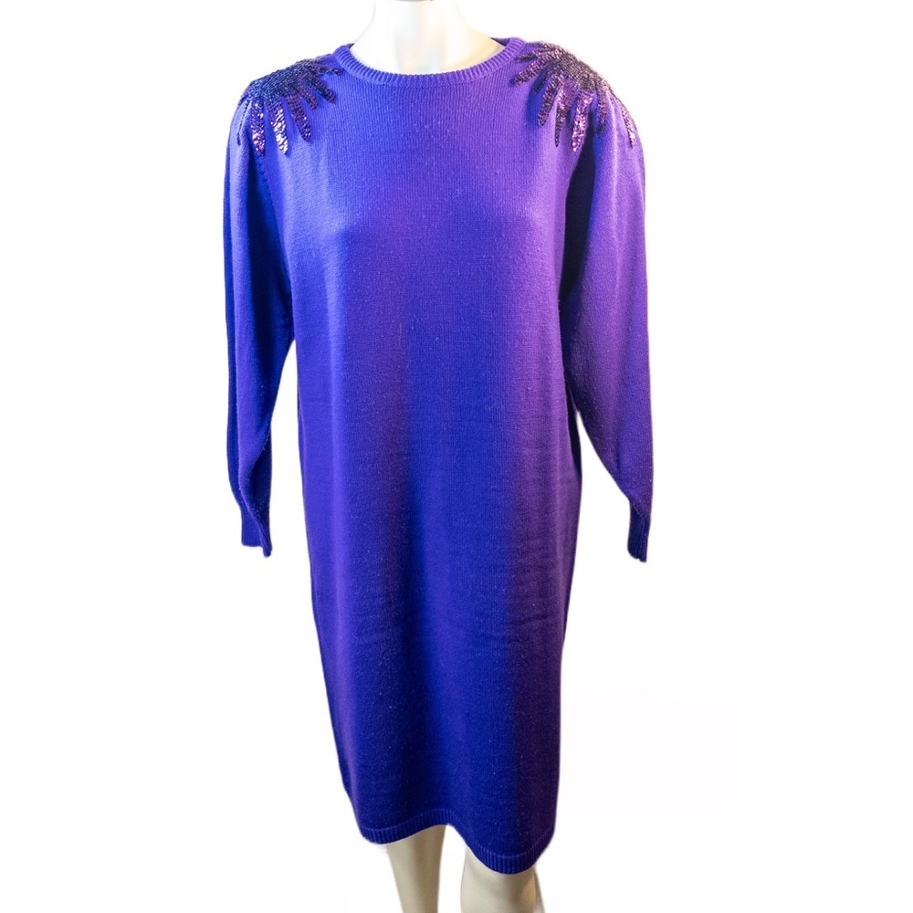 Vintage 80’s Plain Jane Purple Large Dress Sequin Sweater Shift Midi Fun Retro